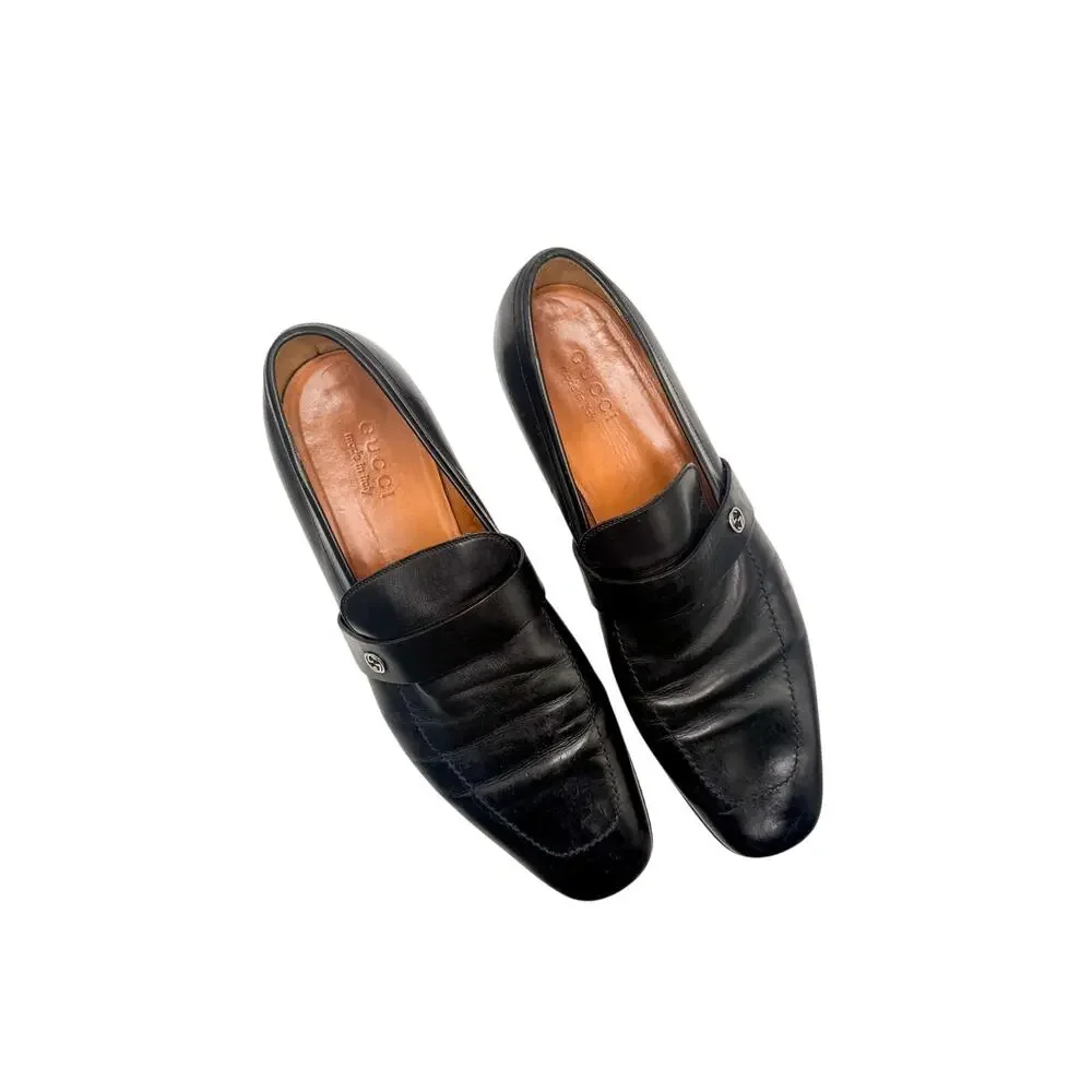 Gucci Men's Interlocking G Logo Loafers Black Leather Size 10